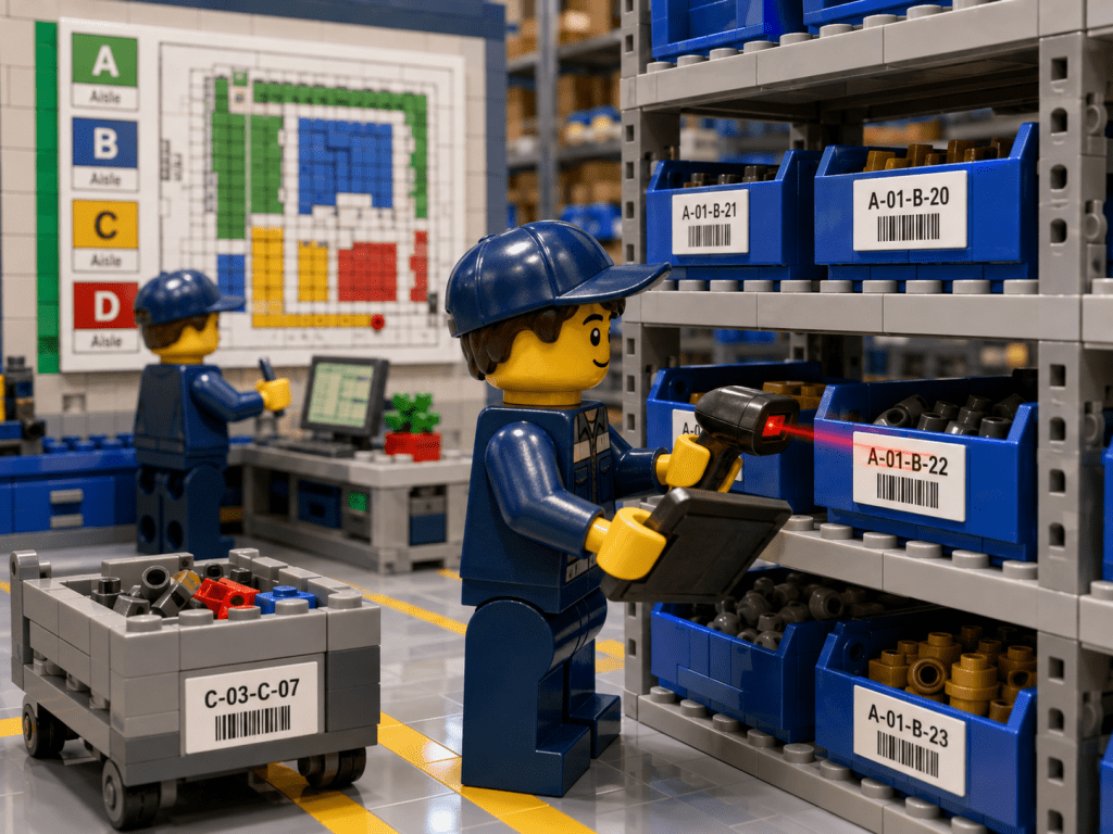LEGO-style warehouse with barcode-labeled bins and mapped storage locations, illustrating how CyberStockroom’s Inventory Map supports inventory visibility, location accuracy, and reporting.