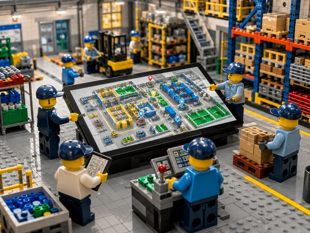 LEGO-style warehouse with an interactive inventory map displaying stock locations, illustrating how CyberStockroom improves inventory visibility and location-based inventory management.