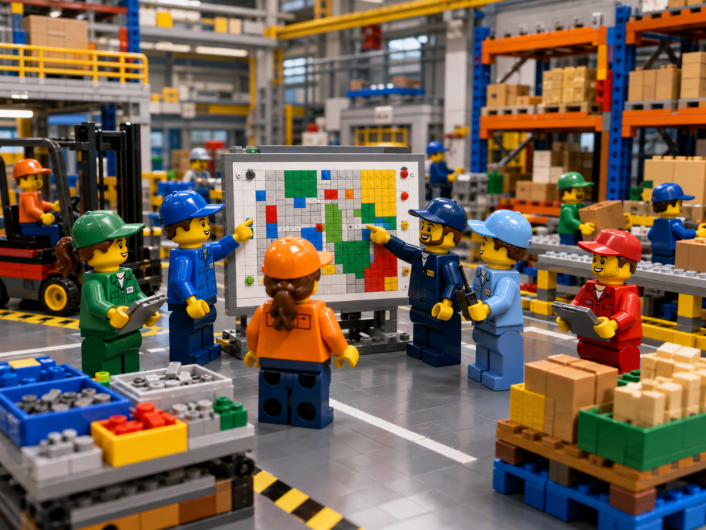 LEGO-style warehouse teams managing materials across organized locations, illustrating how CyberStockroom’s Inventory Map supports inventory visibility, cross-team alignment, and operational efficiency.