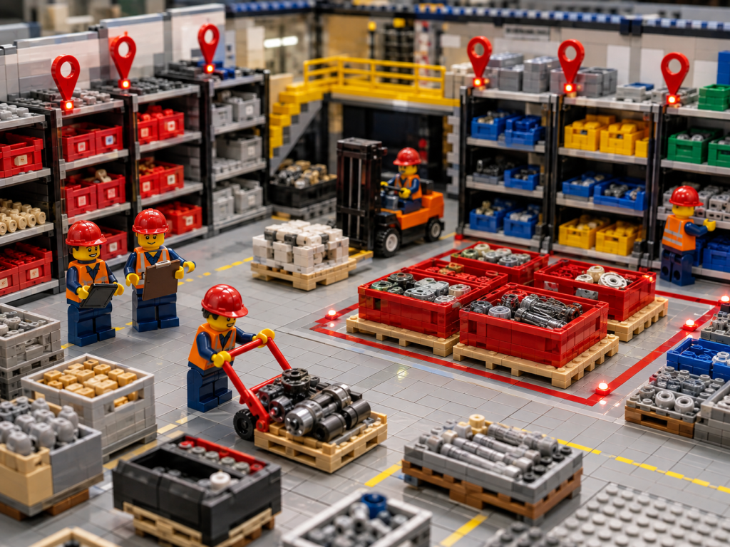 LEGO-style warehouse with organized inventory zones, mapped storage locations, and active stock handling, illustrating how CyberStockroom’s Inventory Map supports inventory visibility, location accuracy, and efficient inventory management.