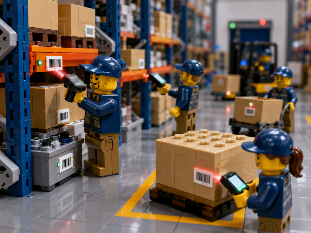 LEGO-style warehouse workers scanning barcodes on stored inventory, showing how CyberStockroom’s Inventory Map improves inventory visibility and location tracking.