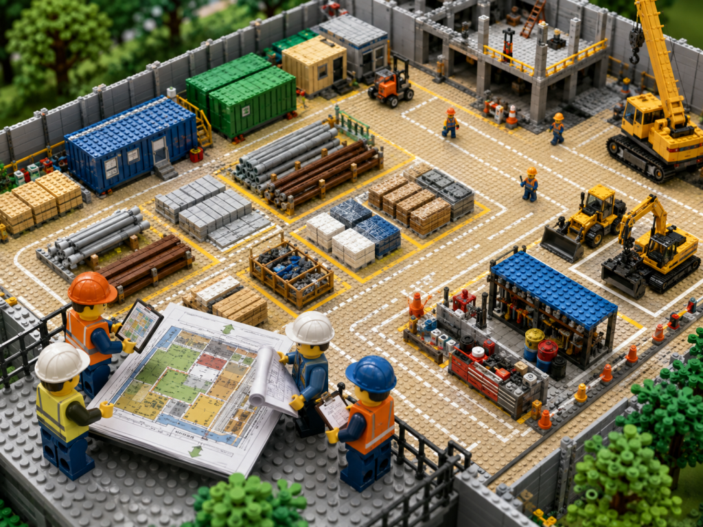LEGO-style construction site with mapped material storage areas, illustrating how CyberStockroom’s Inventory Map supports inventory visibility, site planning, and location-based material management.