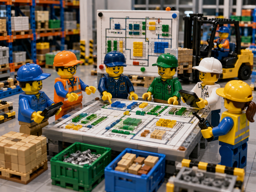 LEGO-style warehouse team collaborating around a visual inventory map, illustrating how CyberStockroom supports inventory visibility, cross-team communication, and location-based inventory management.