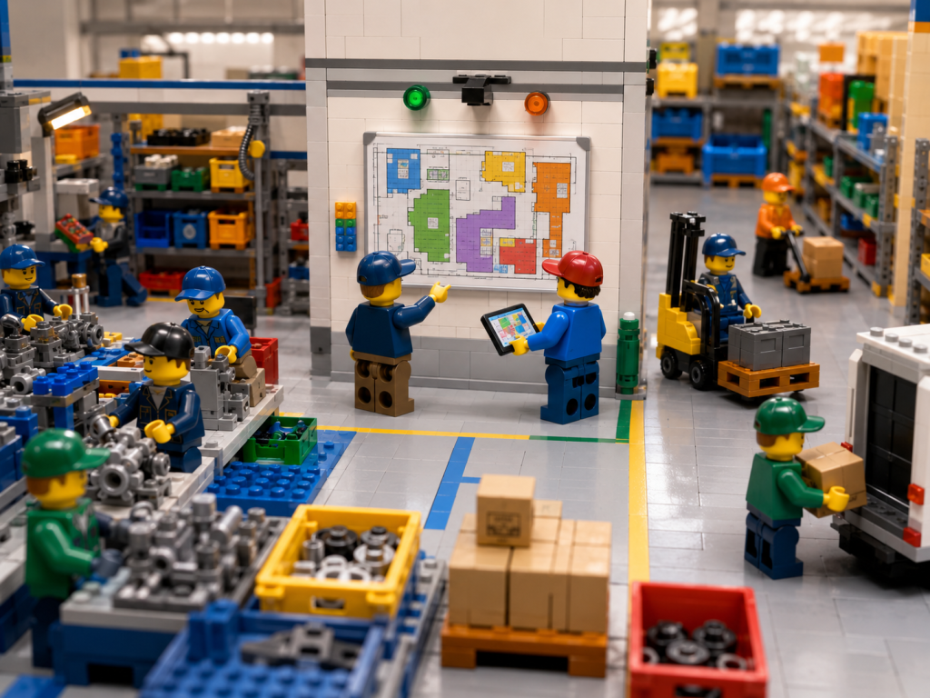 LEGO-style factory workers using a visual plant map to coordinate parts across departments with CyberStockroom’s Inventory Map and shared inventory visibility.