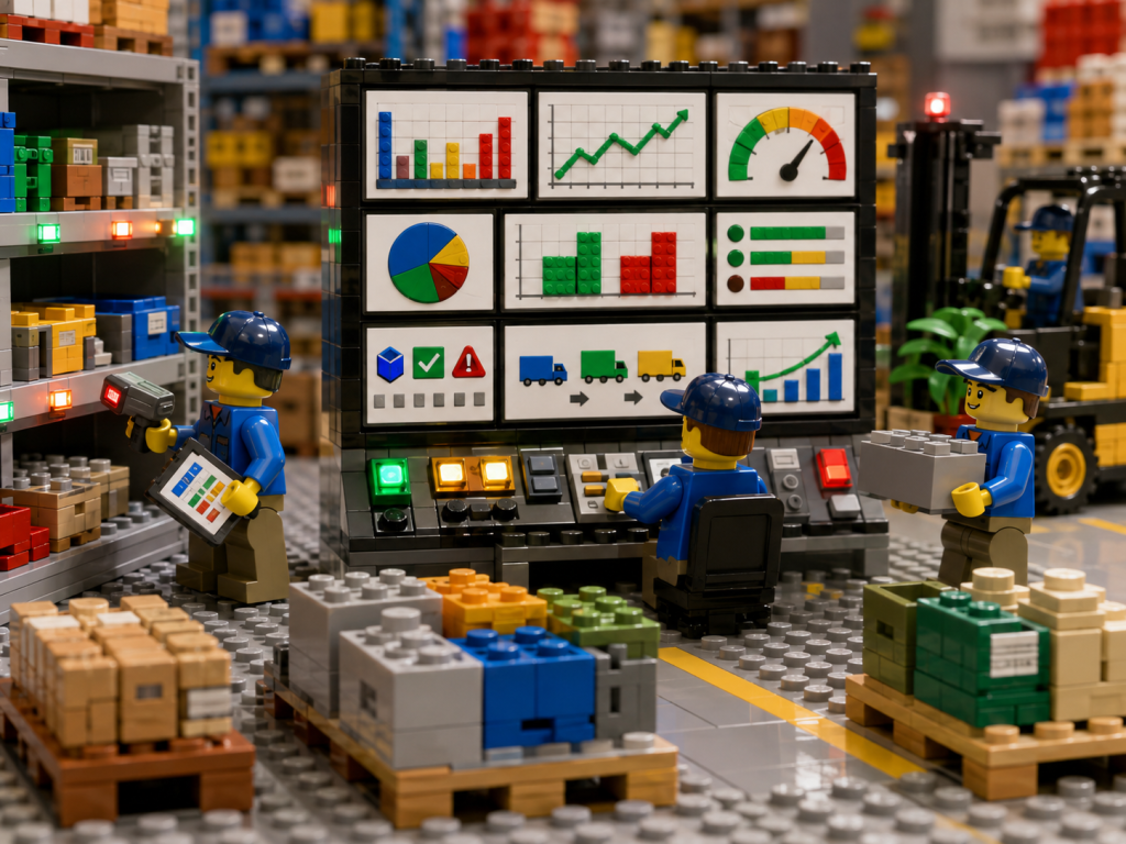 LEGO-style warehouse dashboard displaying key inventory metrics, illustrating how CyberStockroom’s Inventory Map improves inventory visibility, stock tracking, and inventory control.
