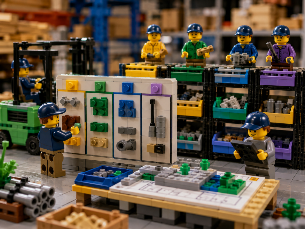 LEGO-style warehouse teams organizing materials by work area, showing how CyberStockroom’s Inventory Map improves cross-team inventory visibility and coordination.