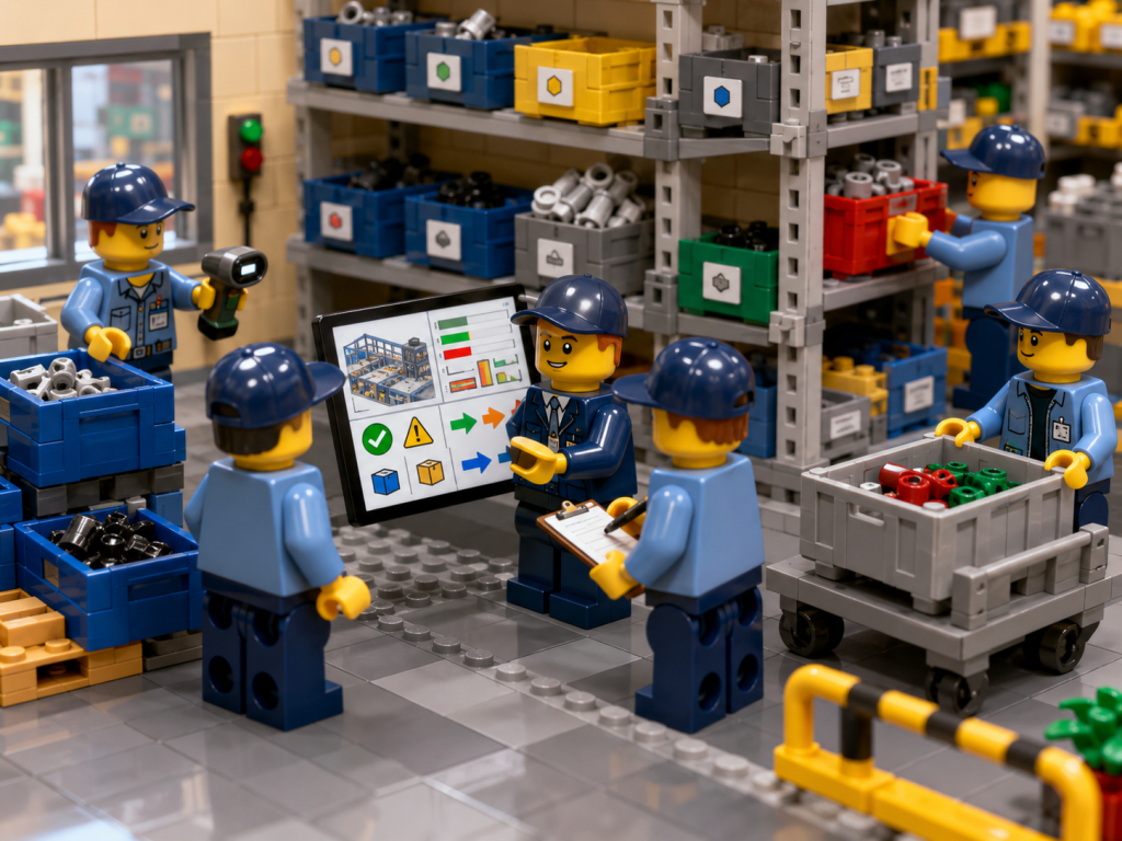 LEGO-style warehouse team reviewing inventory data, illustrating how CyberStockroom’s Inventory Map improves inventory visibility and supports consistent inventory reporting.