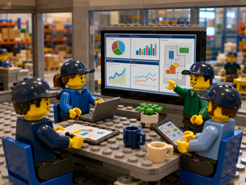 LEGO-style warehouse team using a map-based inventory dashboard, illustrating how CyberStockroom’s Inventory Map improves inventory visibility, reporting, and location-based inventory management.