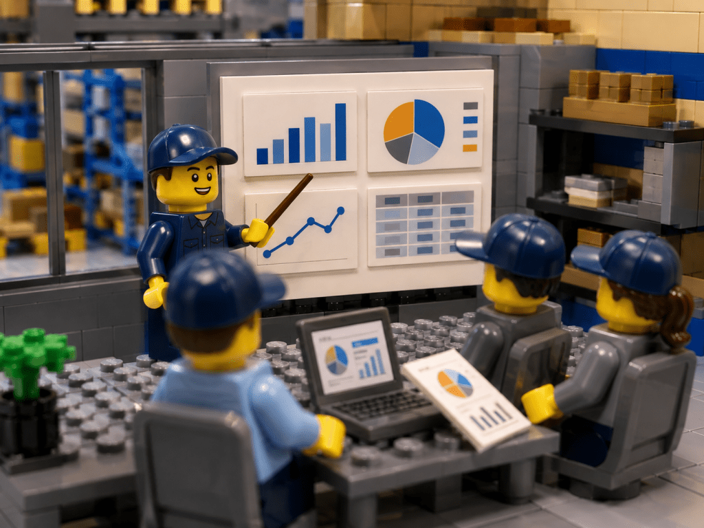 LEGO-style factory team analyzing inventory reports and trends to support better management decisions with CyberStockroom’s Inventory Map.