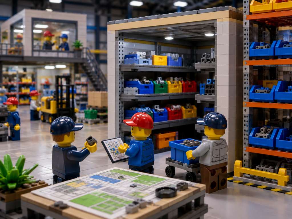 LEGO-style manufacturing workers tracking parts across shelves and storage areas, showing how CyberStockroom’s Inventory Map improves location visibility beyond basic part tracking.