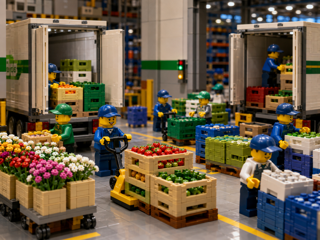 LEGO-style warehouse cross-docking fresh goods between inbound and outbound trucks, showing how CyberStockroom’s Inventory Map supports fast material movement and inventory visibility.