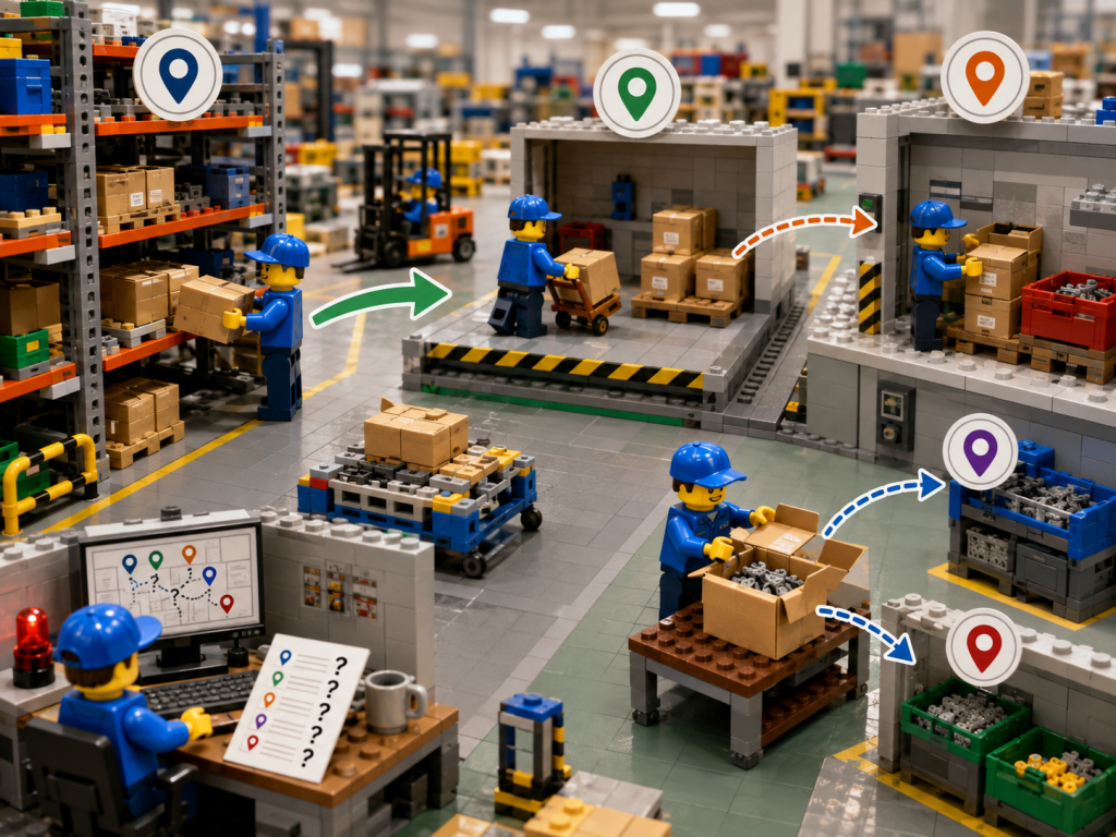 LEGO-style manufacturing workflow with multiple inventory handoffs, showing how CyberStockroom’s Inventory Map reduces location errors and improves inventory visibility.