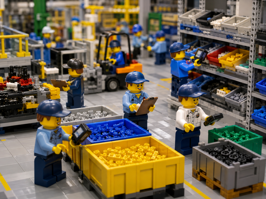 LEGO-style warehouse team organizing parts into defined storage locations, showing how CyberStockroom’s Inventory Map supports 5S practices and better inventory visibility.