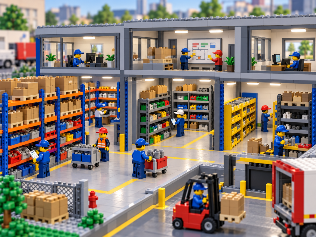 LEGO-style manufacturing facility with inventory organized across departments, racks, shelves, and bins, showing how CyberStockroom’s Inventory Map improves location accuracy and inventory visibility.