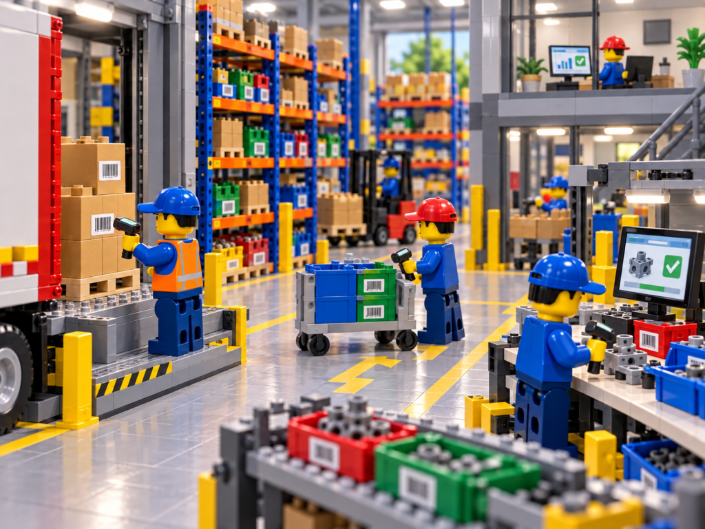 LEGO-style warehouse team using barcode scanning to update parts and location data in real time, illustrating how CyberStockroom’s Inventory Map improves inventory visibility, stock accuracy, and location tracking.