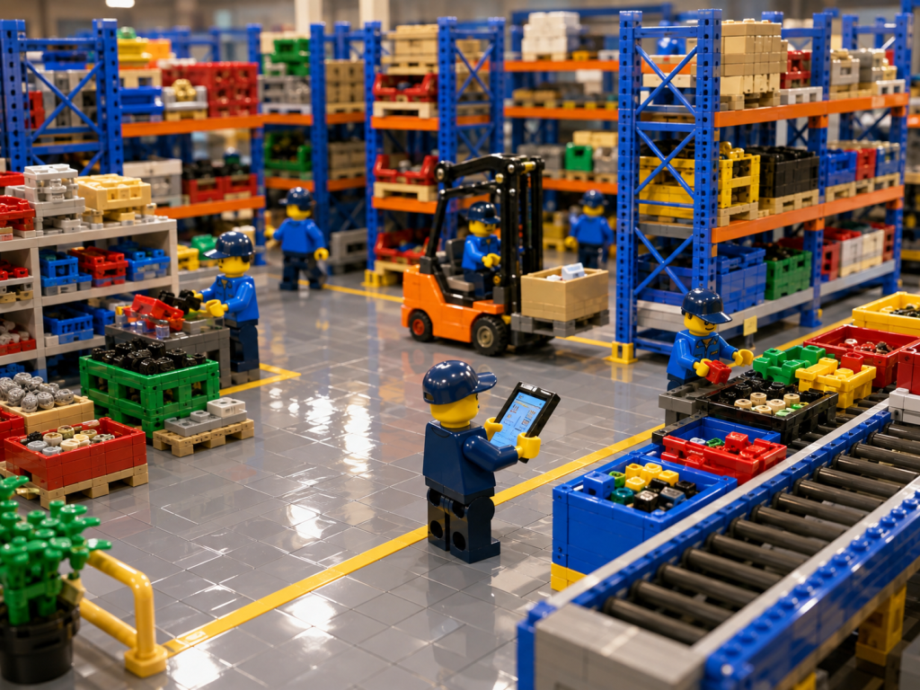 LEGO-style warehouse with parts organized across racks, bins, and picking areas, illustrating how CyberStockroom’s Inventory Map supports parts visibility, location accuracy, and efficient inventory organization.