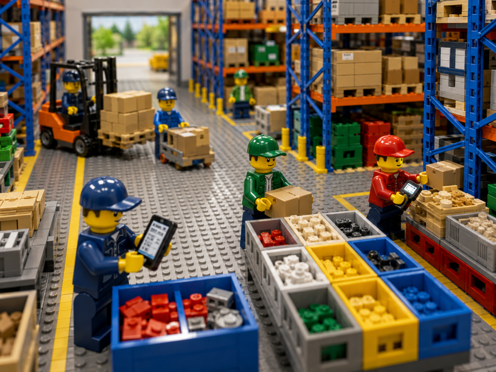 LEGO-style warehouse with inventory arranged across racks, bins, and aisles, illustrating how CyberStockroom’s Inventory Map mirrors physical warehouse locations to improve inventory visibility and location accuracy.