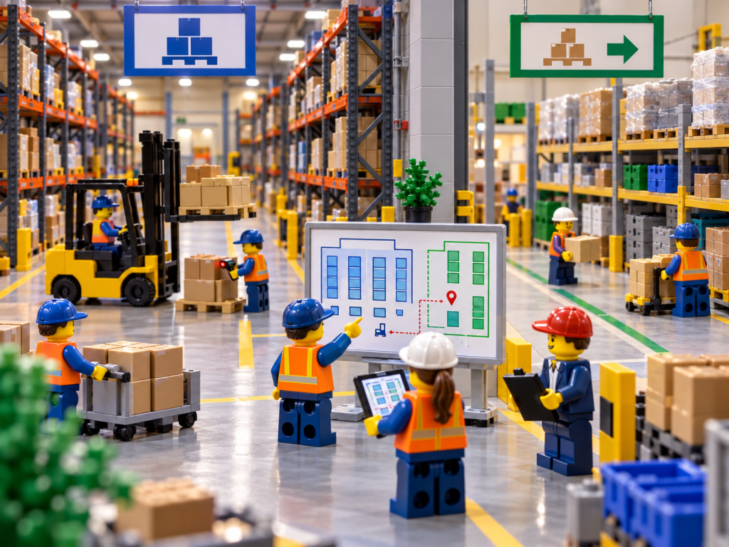 LEGO-style warehouse team planning overflow storage zones before moving stock, showing how CyberStockroom’s Inventory Map improves inventory visibility and location control.