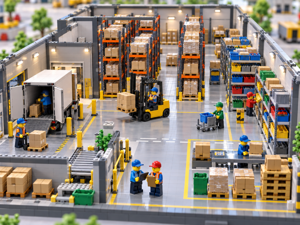 LEGO-style warehouse with racks, receiving, picking, and storage areas, showing how CyberStockroom’s Inventory Map improves warehouse inventory visibility and location tracking.