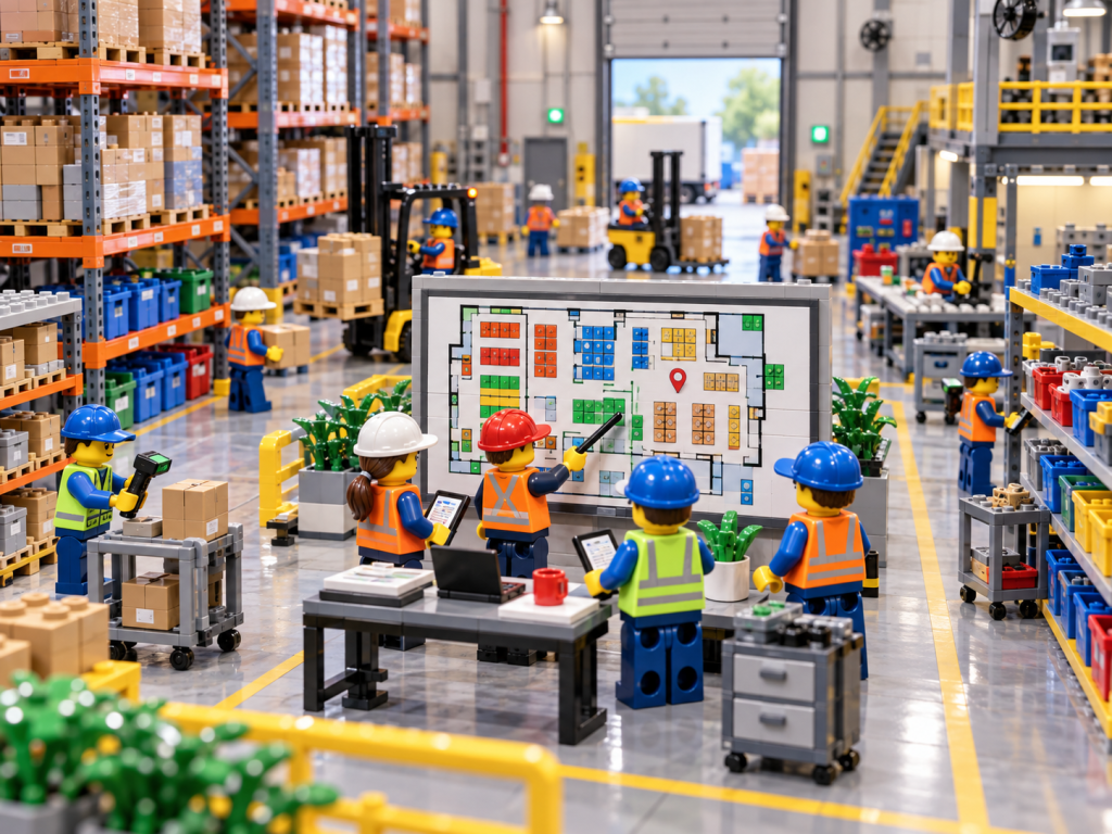 LEGO-style warehouse team using a visual inventory map to locate stock and review material distribution, showing how CyberStockroom improves inventory visibility and faster decision-making.