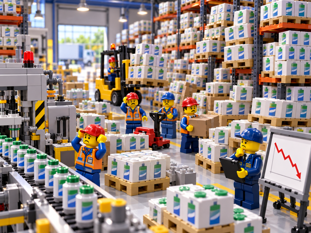 LEGO-style manufacturing warehouse with excess inventory and overstocked pallets, illustrating how CyberStockroom’s Inventory Map supports inventory visibility, stock control, and obsolete inventory reduction.