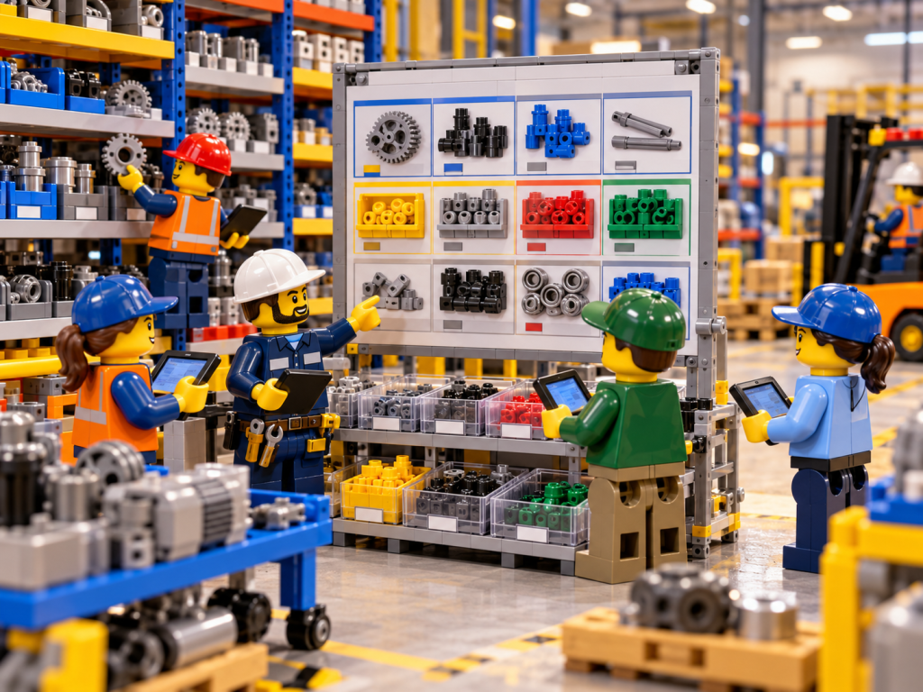 LEGO-style manufacturing team managing shared parts across organized storage locations, illustrating how CyberStockroom’s Inventory Map supports cross-department parts visibility, location accuracy, and inventory control.