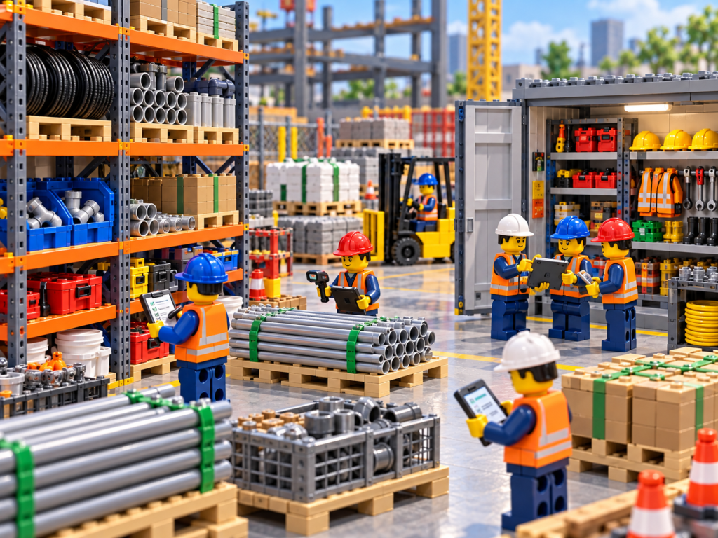 LEGO-style construction team performing cycle counts and inventory audits across organized storage areas, illustrating how CyberStockroom’s Inventory Map supports inventory visibility, stock accuracy, and regular inventory verification.