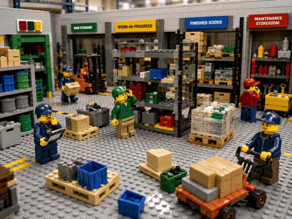 LEGO-style warehouse with misplaced inventory across raw storage, work-in-progress, finished goods, and maintenance areas, showing how CyberStockroom’s Inventory Map helps identify location visibility gaps.