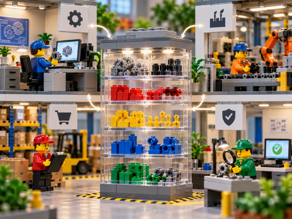 LEGO-style manufacturing teams managing shared parts across engineering, production, procurement, and quality areas, showing how CyberStockroom’s Inventory Map improves cross-department inventory visibility.