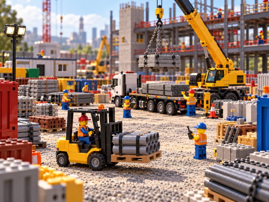 LEGO-style construction laydown yard with crews moving pipes and materials by crane, truck, and forklift, showing how CyberStockroom’s Inventory Map improves material visibility and faster access.