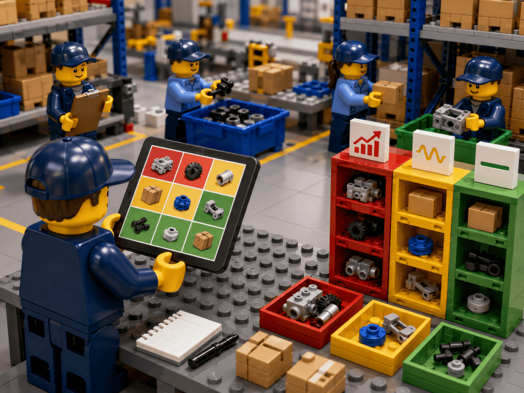 LEGO-style warehouse team sorting inventory by priority and demand, showing how CyberStockroom’s Inventory Map supports ABC-XYZ analysis and better inventory visibility.