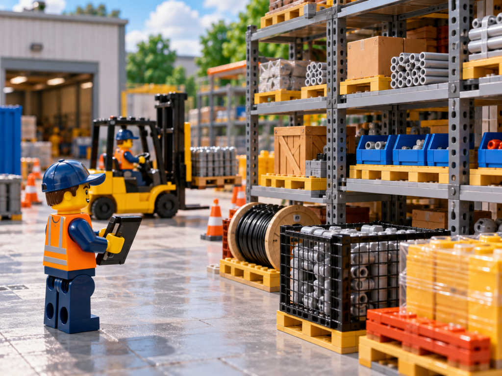 LEGO-style warehouse worker checking overflow inventory on a tablet, showing how CyberStockroom’s Inventory Map helps maintain daily inventory visibility and location accuracy.