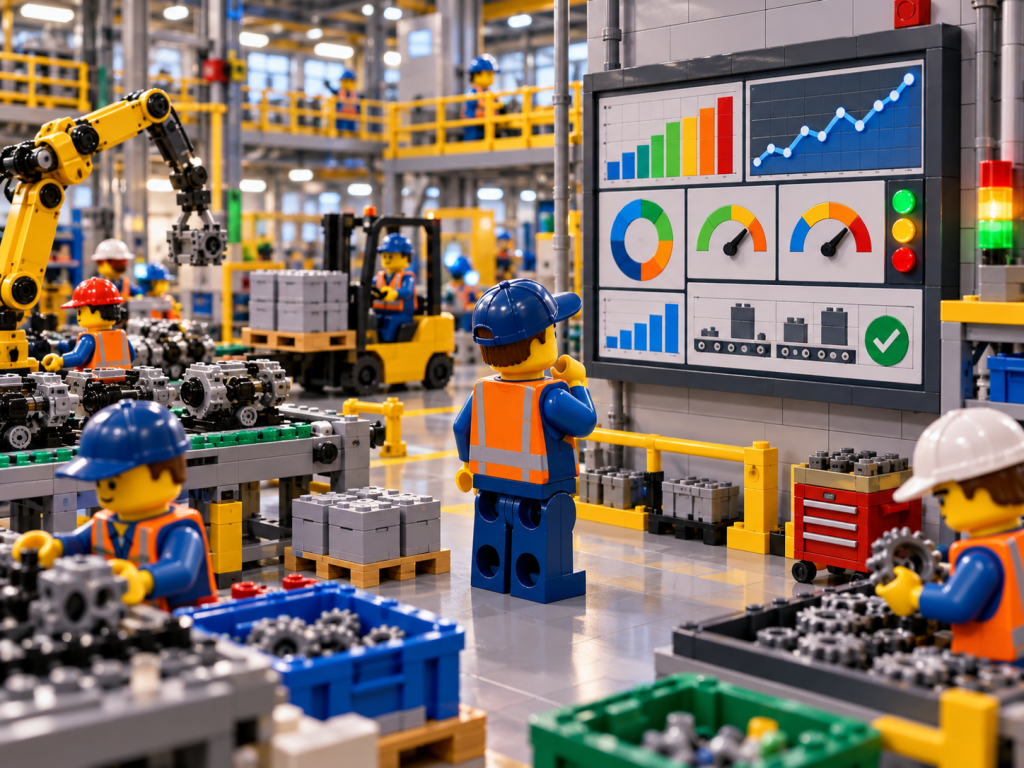 LEGO-style factory worker reviewing inventory KPIs and performance charts, showing how CyberStockroom’s Inventory Map supports inventory visibility and operational tracking.