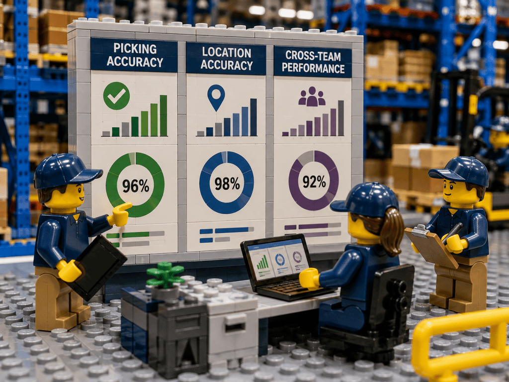 LEGO-style warehouse team reviewing picking accuracy, location accuracy, and cross-team performance, showing how CyberStockroom’s Inventory Map supports better inventory visibility.