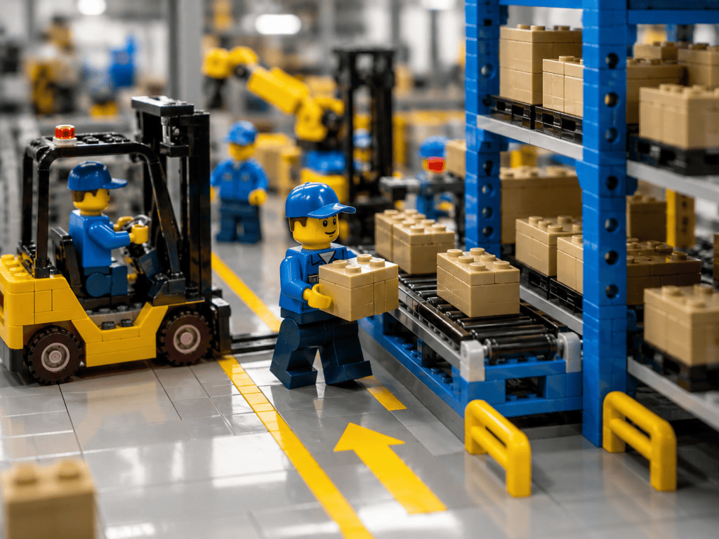 LEGO-style warehouse worker placing fast-moving inventory near the picking flow, showing how CyberStockroom’s Inventory Map improves inventory visibility and warehouse efficiency.
