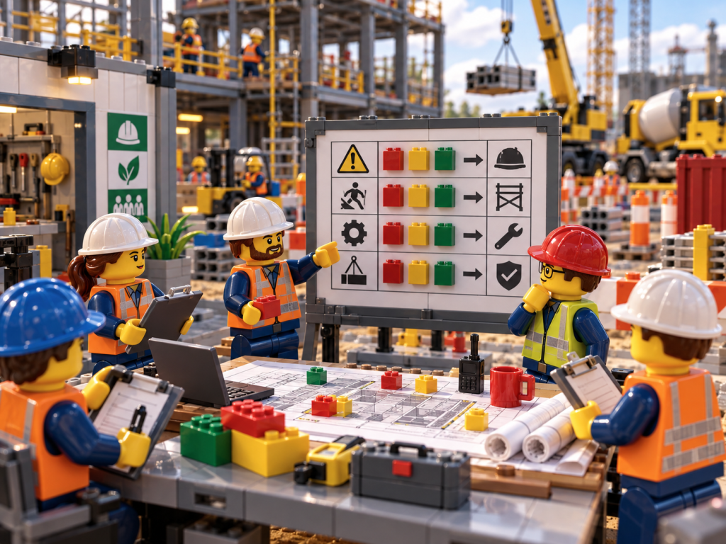 LEGO-style construction team reviewing a risk and mitigation matrix, showing how CyberStockroom’s Inventory Map supports inventory visibility, accountability, and safer material management.