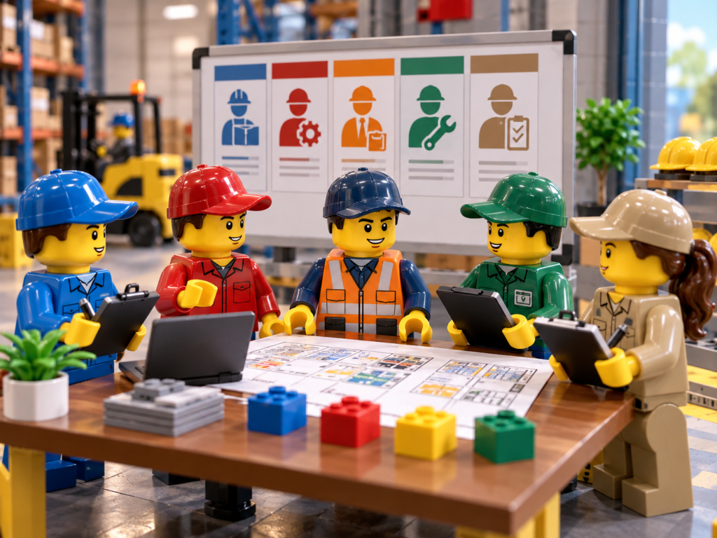 LEGO-style warehouse team discussing roles and responsibilities around a shared inventory plan, illustrating how CyberStockroom’s Inventory Map supports inventory visibility, team accountability, and coordinated inventory management.