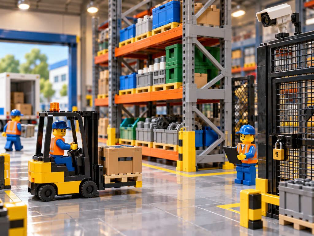 LEGO-style secure construction storage area with organized racks, materials, and controlled access, illustrating how CyberStockroom’s Inventory Map supports inventory visibility, location accuracy, and secure material management.