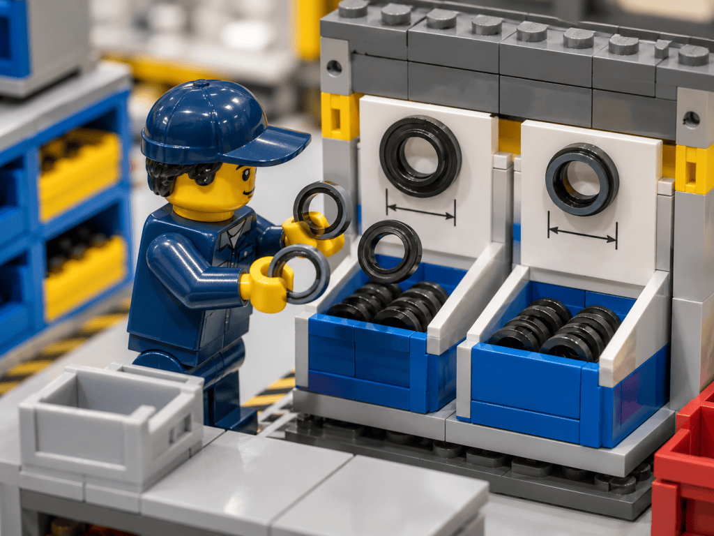 LEGO-style warehouse worker organizing visually similar parts into separate inventory locations, illustrating how CyberStockroom’s Inventory Map supports inventory visibility, location accuracy, and fewer picking mistakes.