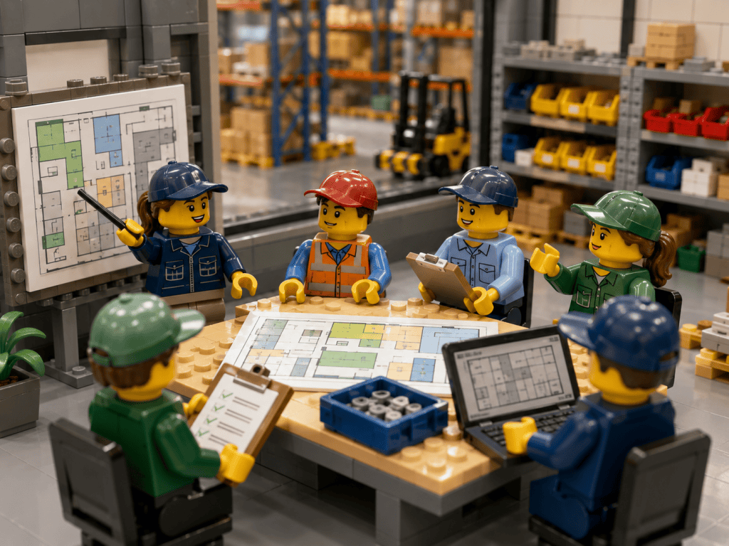 LEGO-style warehouse team reviewing mapped storage areas and inventory plans, showing how CyberStockroom’s Inventory Map supports ABC-XYZ inventory policies and visibility.