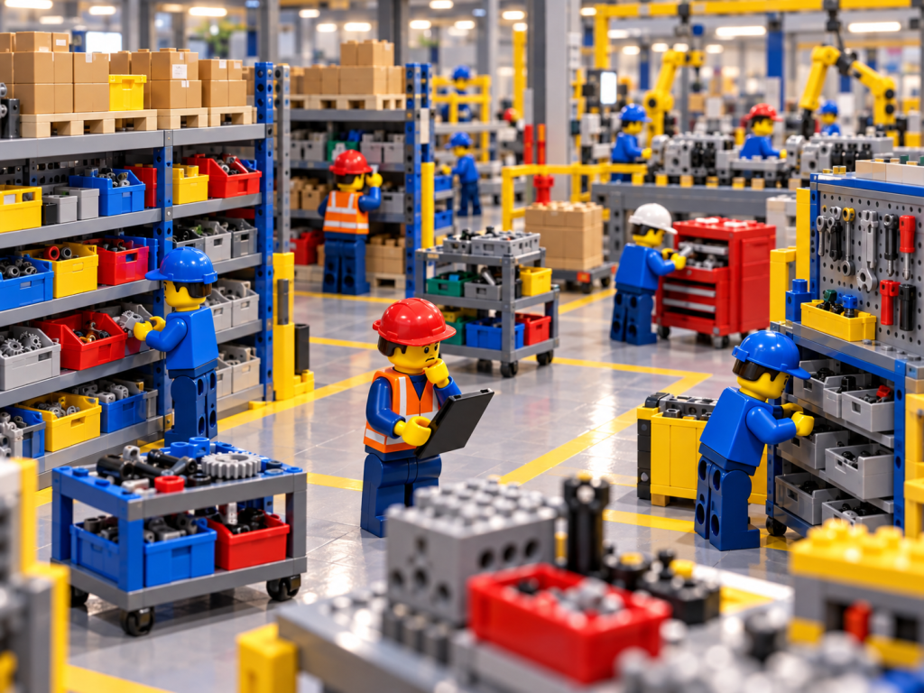 LEGO-style factory workers searching shelves and work areas for parts, showing how CyberStockroom’s Inventory Map helps reduce search time and improve inventory visibility.