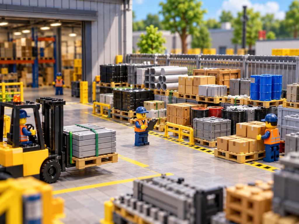 LEGO-style warehouse overflow area with organized pallets, materials, and defined storage zones, illustrating how CyberStockroom’s Inventory Map supports inventory visibility, location control, and structured overflow management.
