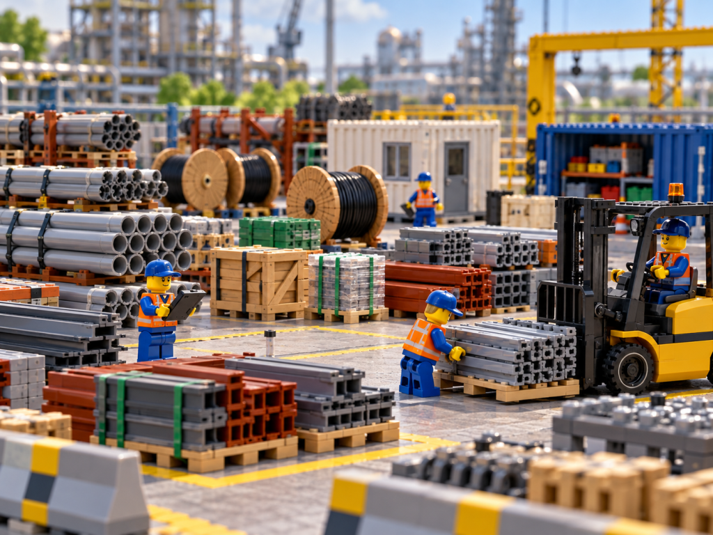 LEGO-style industrial yard with organized pipes, pallets, equipment, and material zones, illustrating how CyberStockroom’s Inventory Map turns yard storage into a visible, location-based inventory system.