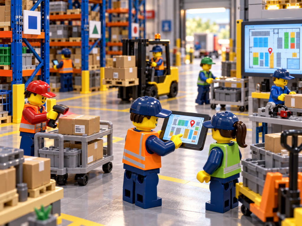 LEGO-style warehouse workers using a visual inventory map and barcode scanning during daily tasks, showing how CyberStockroom improves inventory visibility and location tracking.