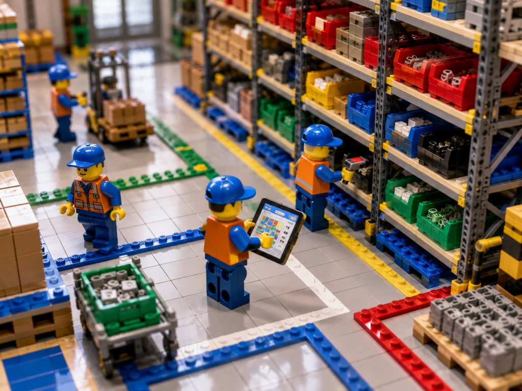 LEGO-style warehouse workers performing cycle counts by defined inventory zones, illustrating how CyberStockroom’s Inventory Map supports faster cycle counting, location accuracy, and inventory visibility.