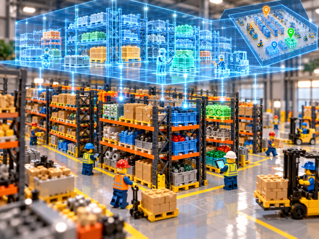 LEGO-style warehouse with a digital twin overlay mapping racks, inventory, and stock locations, showing how CyberStockroom’s Inventory Map improves inventory visibility.