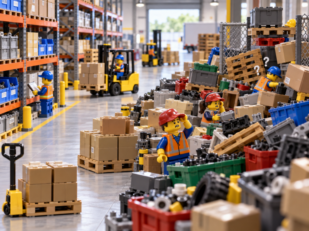 LEGO-style warehouse with disorganized overflow inventory and unclear storage locations, illustrating how CyberStockroom’s Inventory Map improves inventory visibility, location tracking, and overflow storage control.