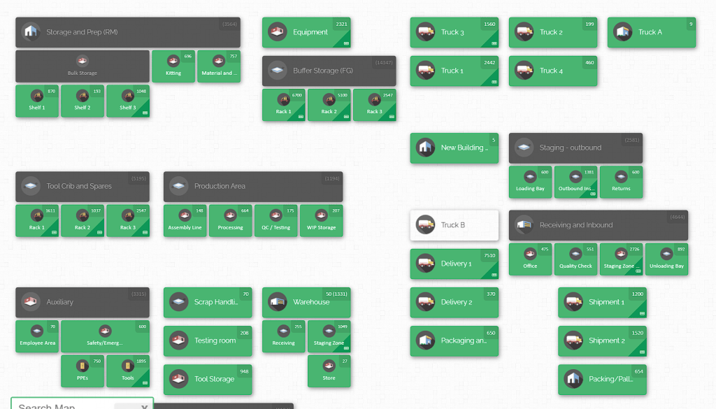 CyberStockroom inventory demo map – a visual example of a factory floor layout with inventory locations. This would show zones like raw materials, tool crib, assembly lines, and racks with on-hand quantities