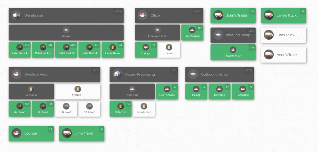 Cyberstockroom Warehouse Inventory Map Demo that shows Overflow area for Overflow inventory management