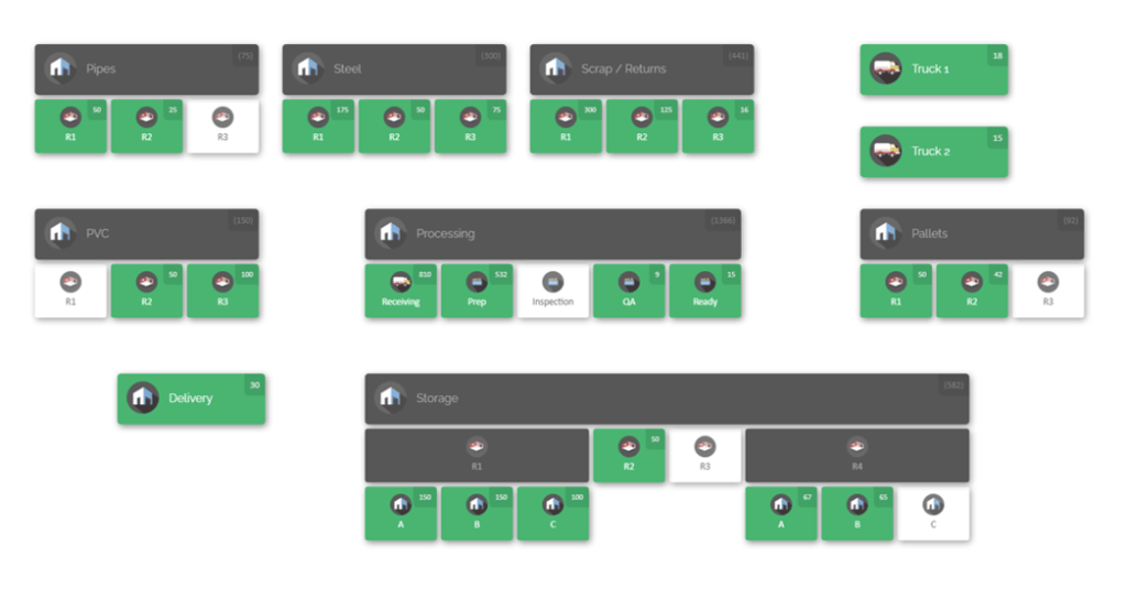 Cyberstockroom's example of a visual inventory map showing job-site laydown areas, warehouses, departmental stock locations and the materials held within each location.
